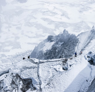 A group of climbers traverses a narrow, snowy ridge with steep cliffs. The expansive backdrop displays a rugged mountainous landscape covered in snow and ice. The scene conveys a sense of adventure and challenge.